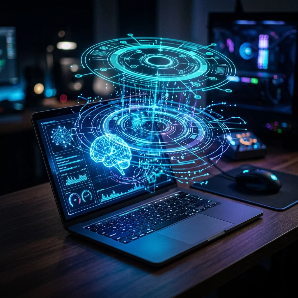 Laptop moderna ejecutando funciones de inteligencia artificial con capas de software y memoria destacadas