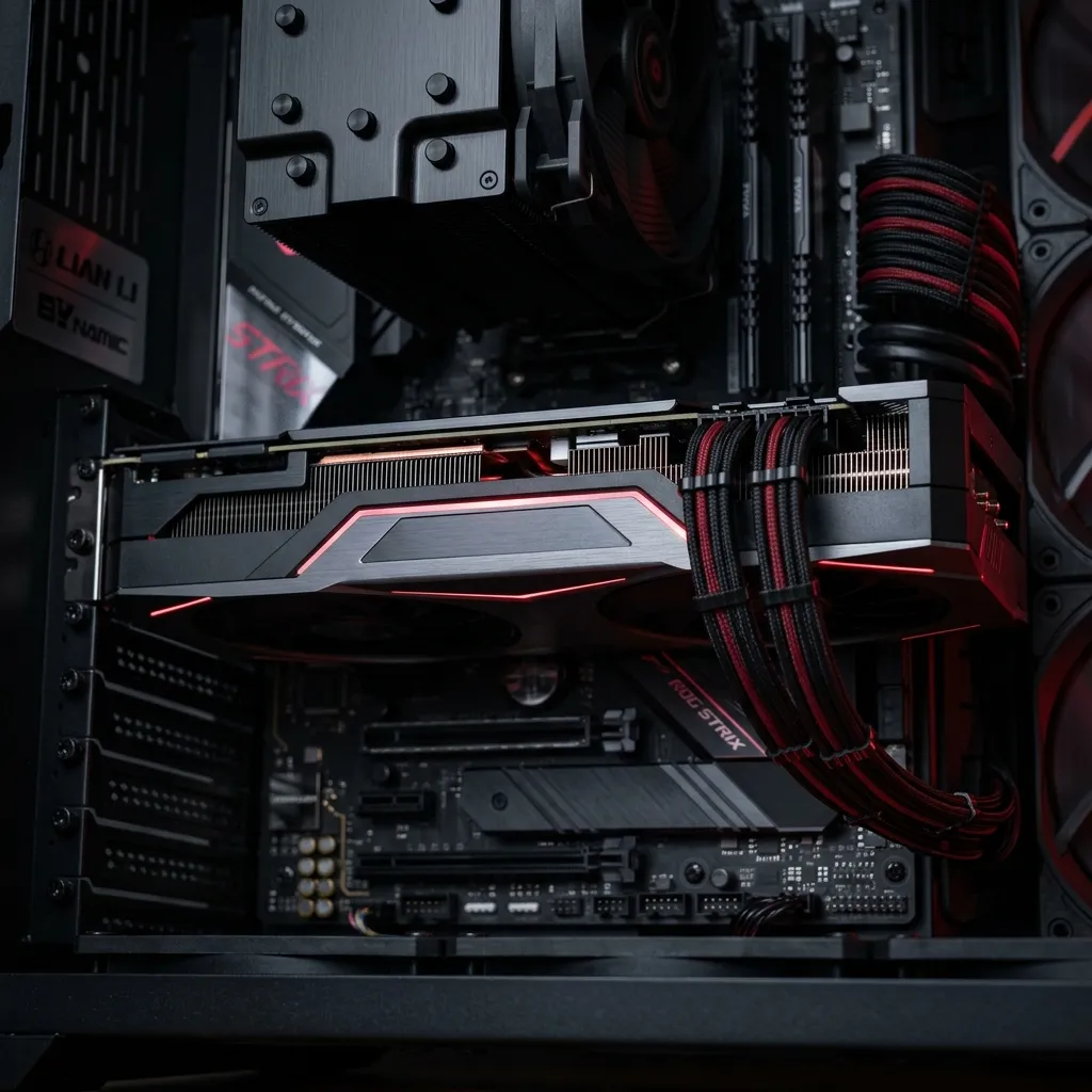 Tarjeta gráfica Radeon conceptual junto a una composición tecnológica de gaming y hardware de PC