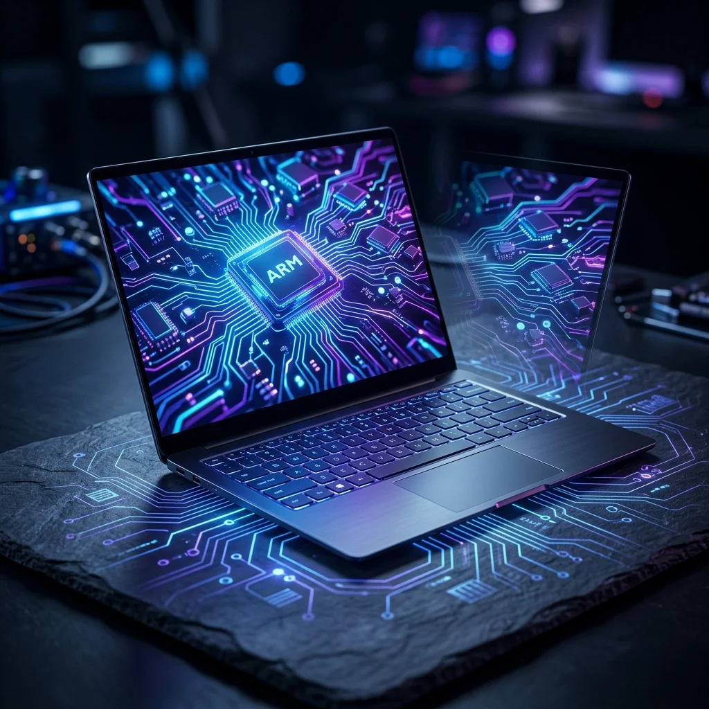 Laptop Windows con arquitectura ARM representada como un sistema eficiente y compacto