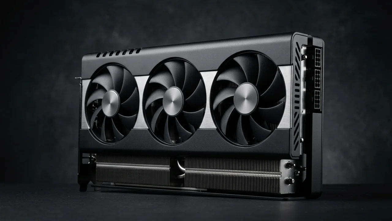 Representación editorial de tarjeta gráfica ASUS Prime Radeon RX 9070 XT con disipador de triple ventilador
