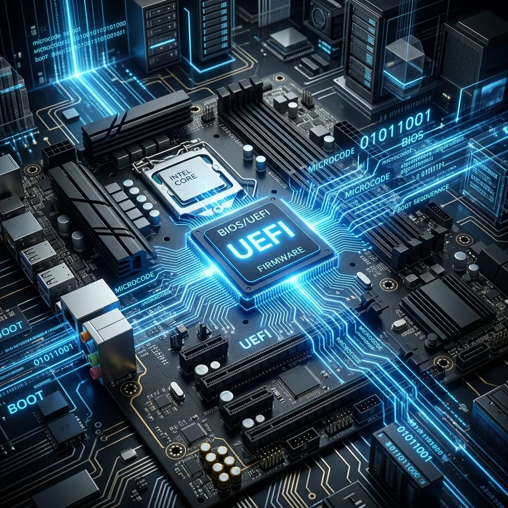 Motherboard moderna mostrando una interfaz conceptual de BIOS UEFI