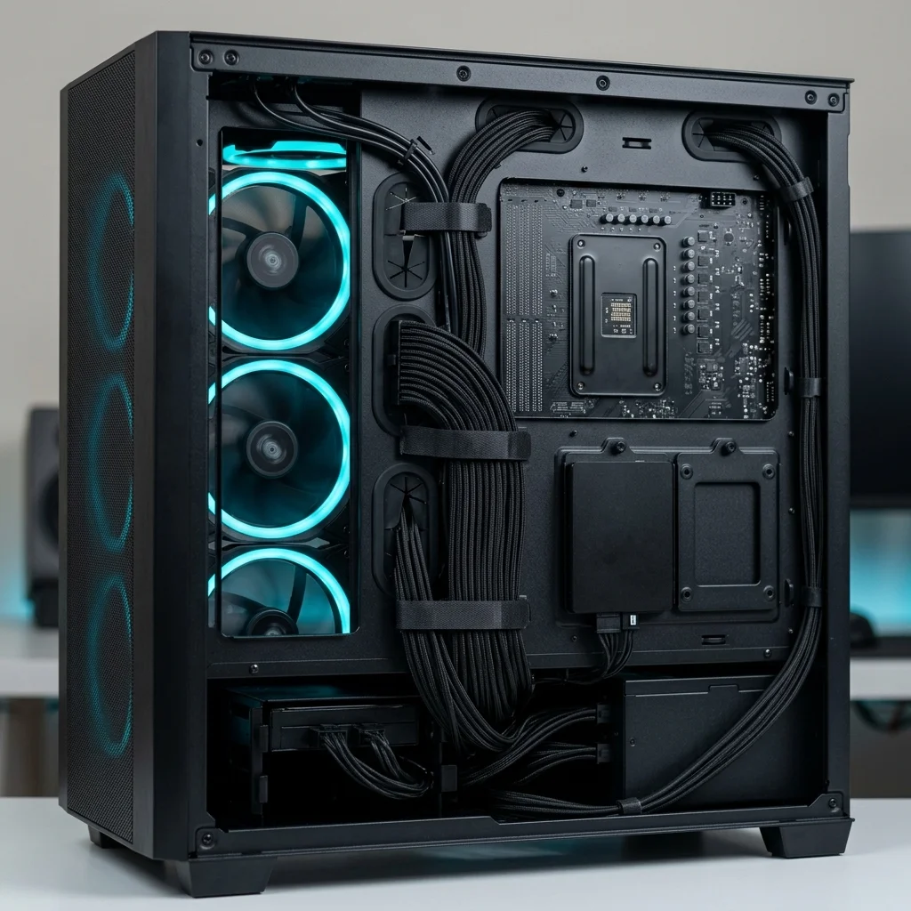 Interior de una PC con cable management ordenado y buen flujo de aire