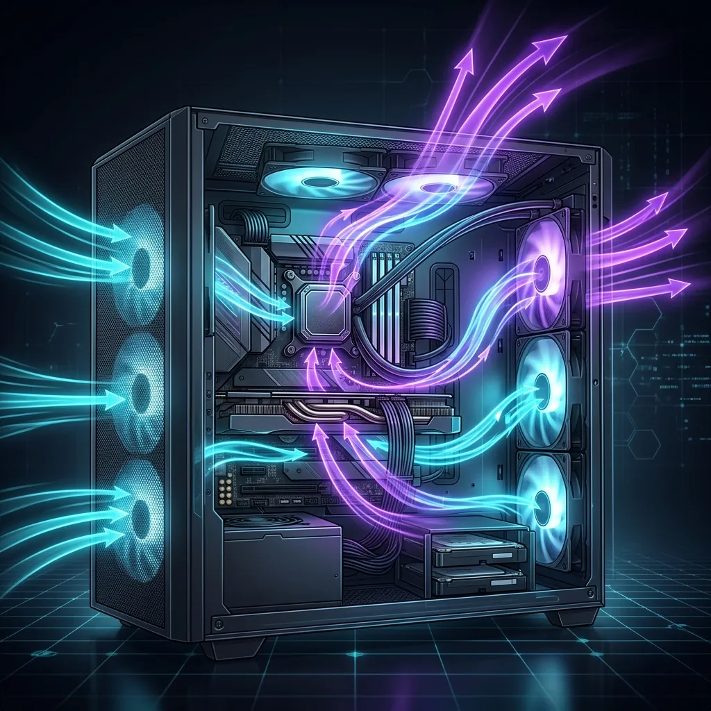Gabinete de PC con flujo de aire visualizado entre ventiladores frontales y traseros