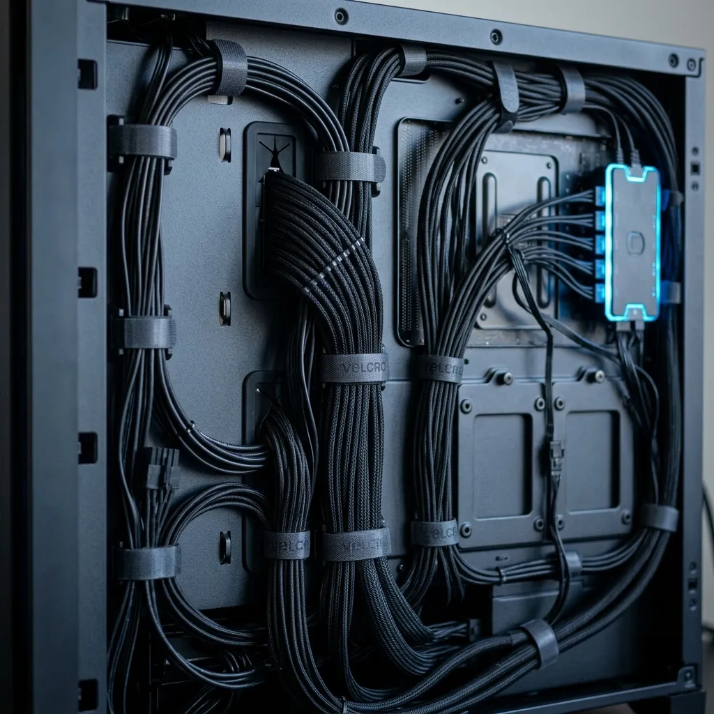 Interior de gabinete de PC con cables organizados y componentes instalados
