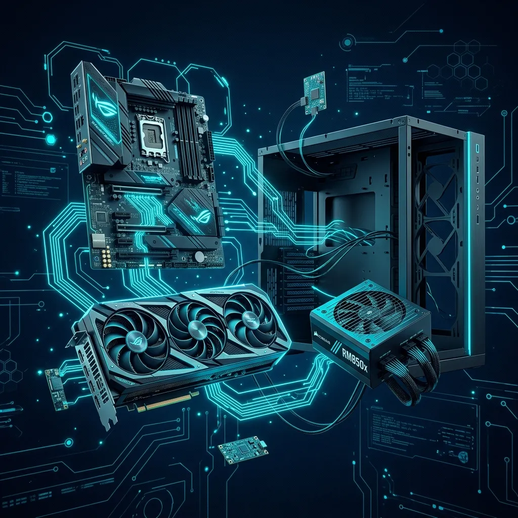 Componentes de PC alineados junto a un gabinete mostrando compatibilidad de GPU motherboard y fuente