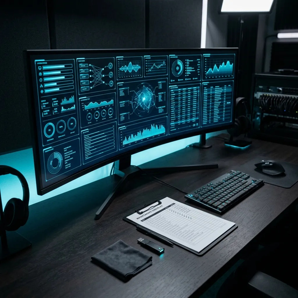 Checklist mensual de mantenimiento preventivo para PC con escritorio tecnológico