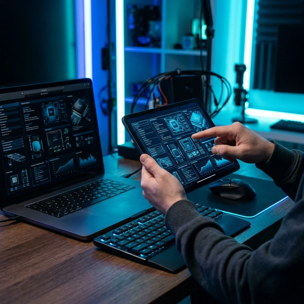 Usuario revisando especificaciones de una laptop AI PC antes de comprar