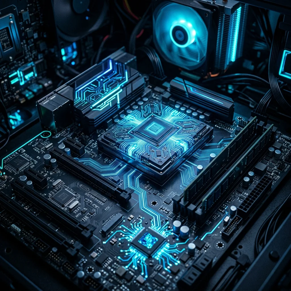PC moderno procesando tareas de inteligencia artificial local con chips y memoria destacados