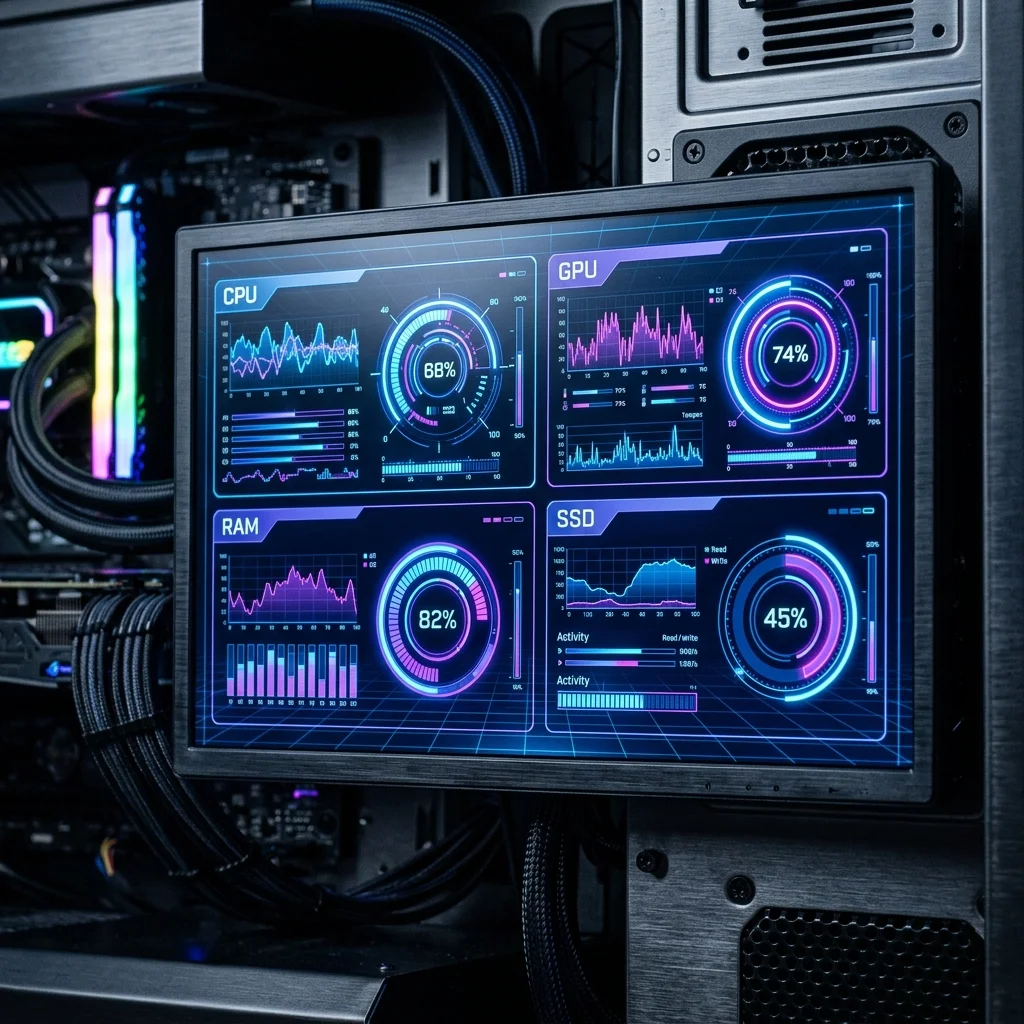 Pantalla de monitoreo mostrando uso de CPU, GPU, RAM y SSD en una PC
