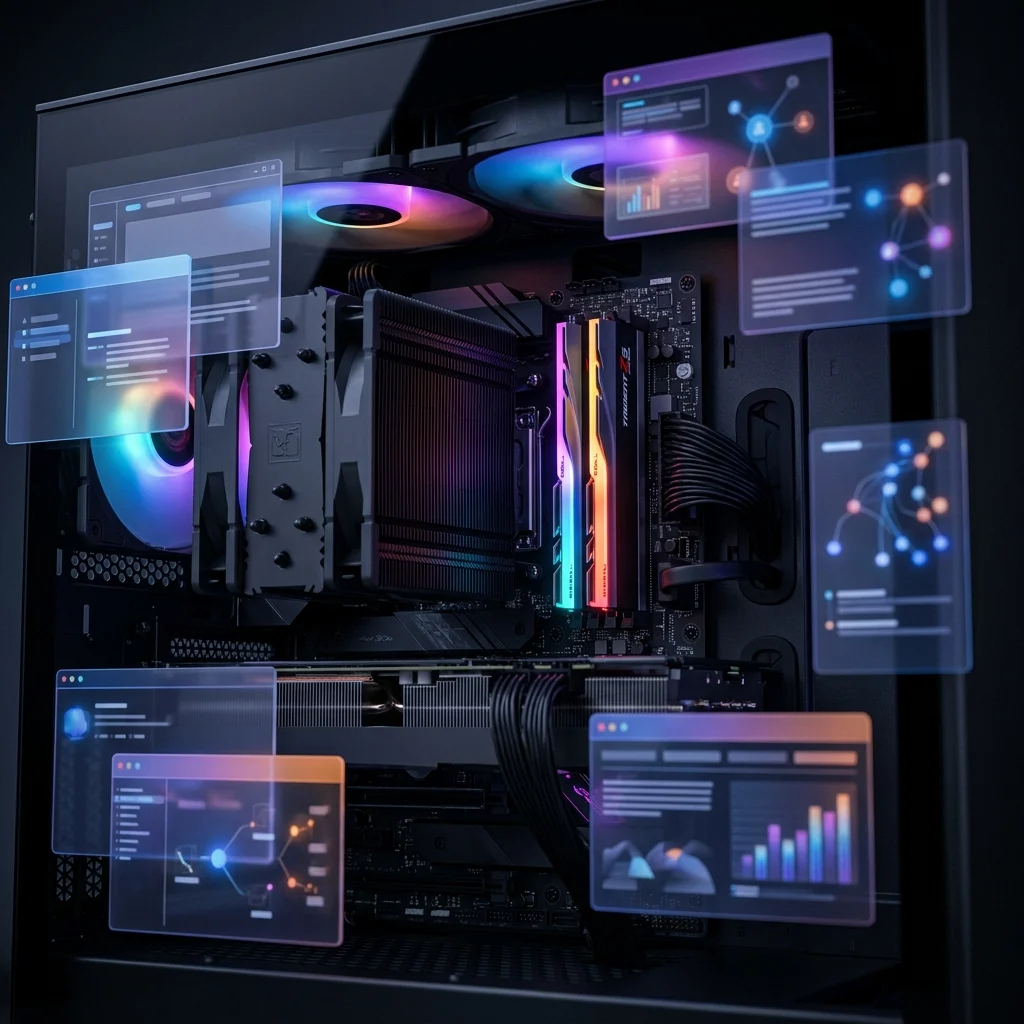 Computadora con múltiples aplicaciones abiertas y módulos de memoria RAM destacados