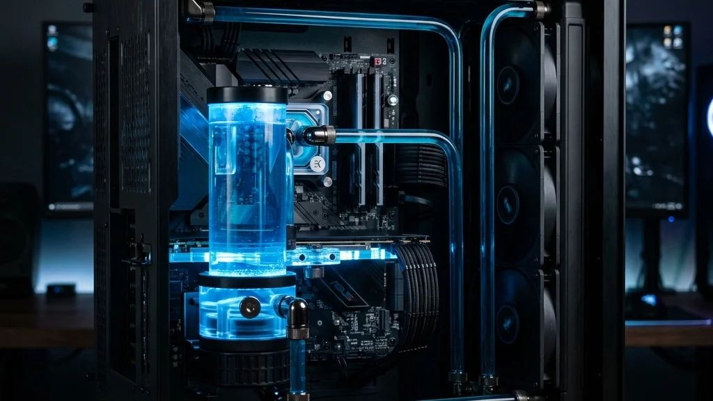 Custom loop de refrigeración líquida con depósito, tubos y líquido de coolant dentro de una PC