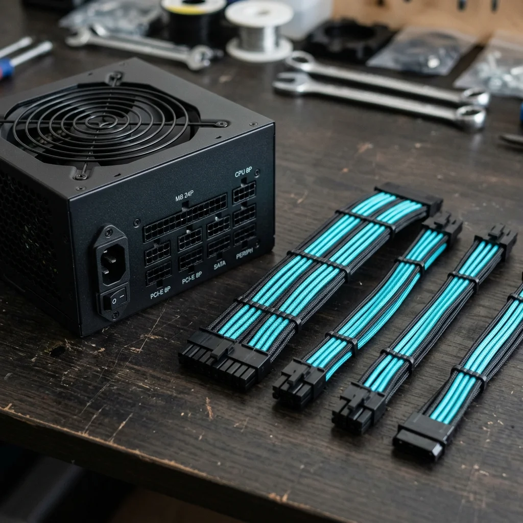Fuente de poder modular para PC con cables separados sobre una mesa de armado