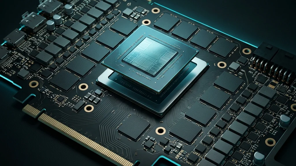 Tarjeta gráfica conceptual junto a chip GPU y módulos de memoria GDDR7