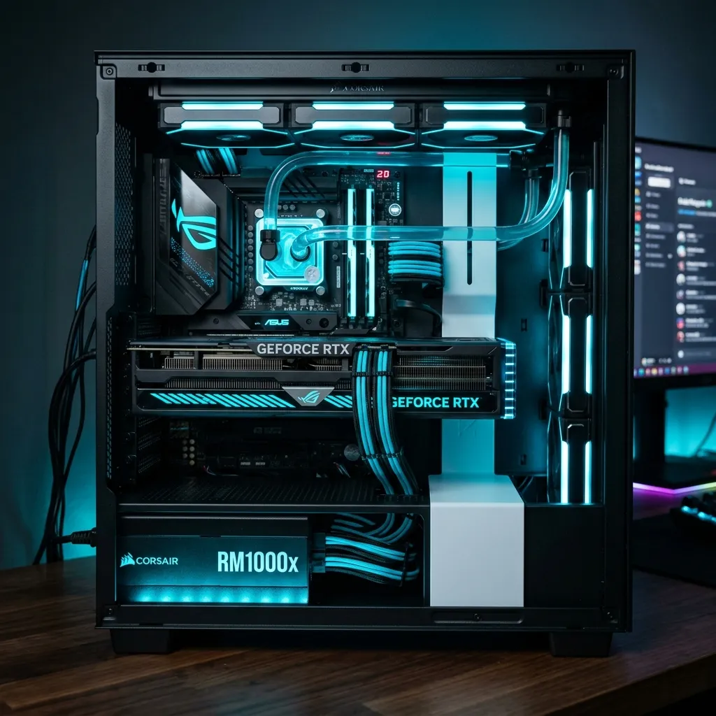 Tarjeta gráfica moderna instalada en una PC con fuente de poder confiable