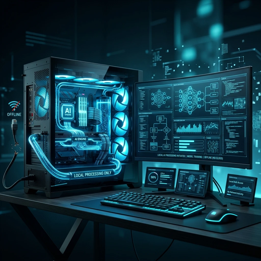 PC moderna ejecutando un modelo de inteligencia artificial local sin conexión a la nube