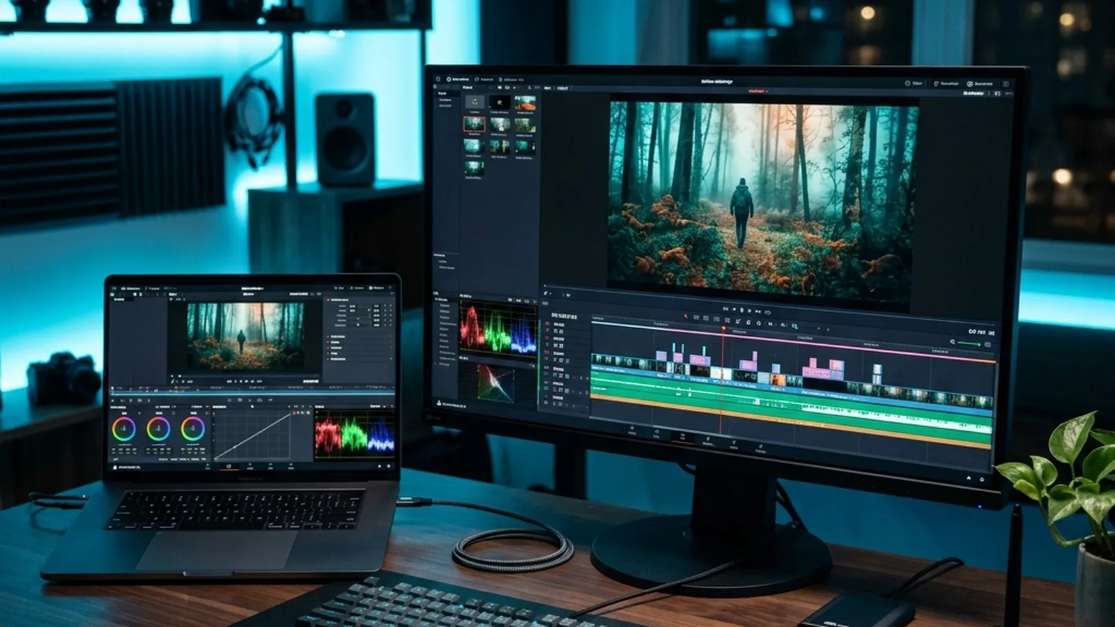 Laptop moderna conectada a un monitor externo en un espacio de productividad