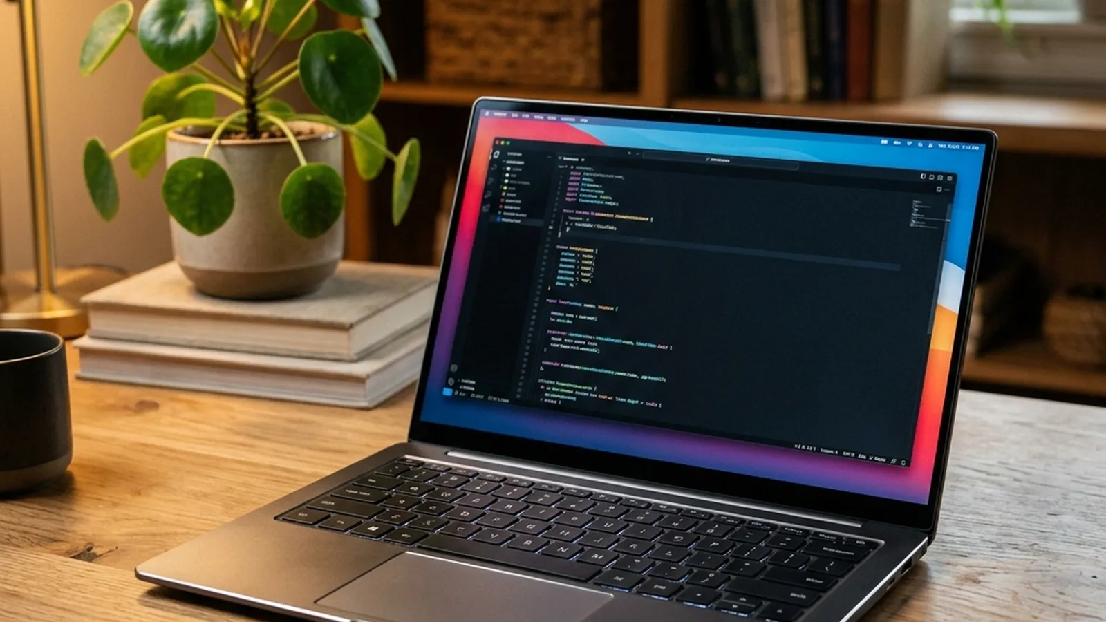Laptop ultraligera moderna en un escritorio minimalista de trabajo
