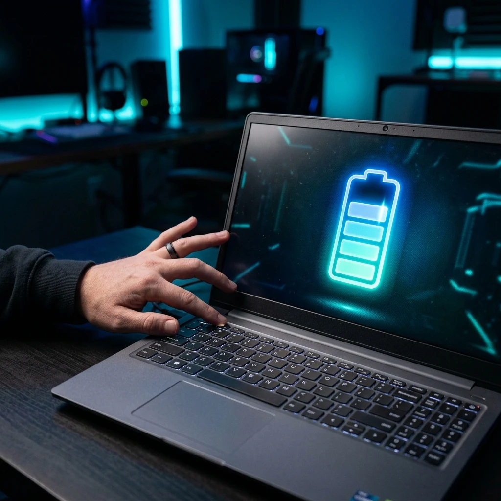 Usuario revisando pantalla y batería de una laptop económica antes de comprar