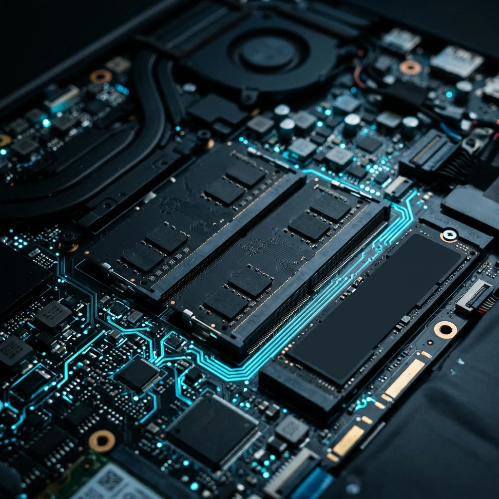 Laptop económica mostrando componentes de RAM y SSD como factores de compra
