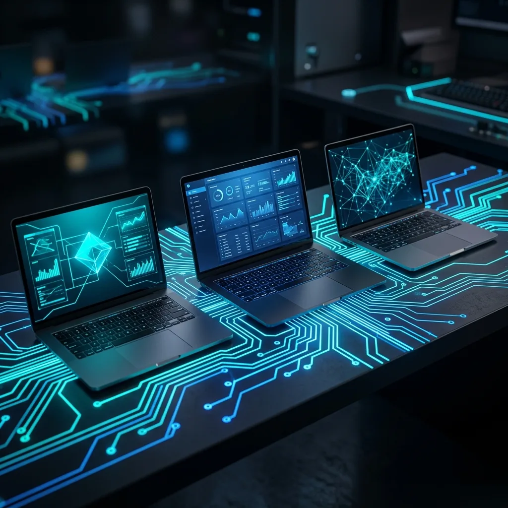 Comparación conceptual de laptops modernas con plataformas Intel AMD y Snapdragon