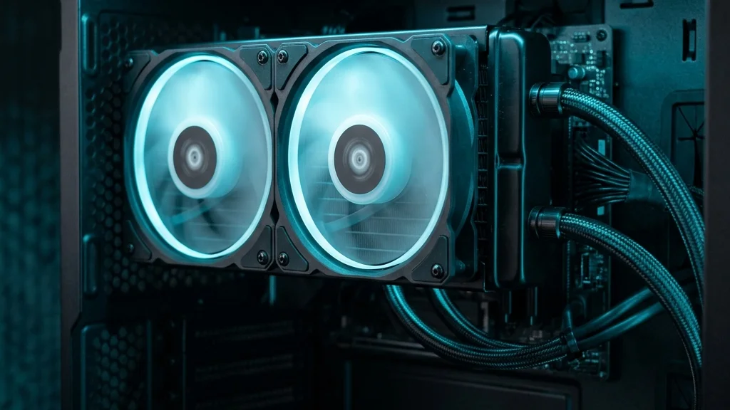 Radiador y ventiladores de refrigeración líquida AIO siendo limpiados dentro de una PC