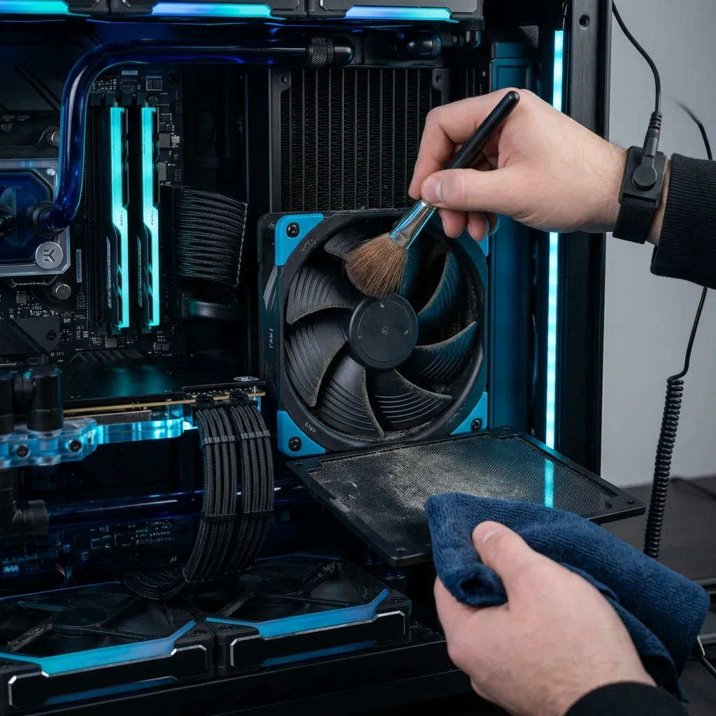 Interior de una PC con ventiladores y filtros siendo limpiados de polvo