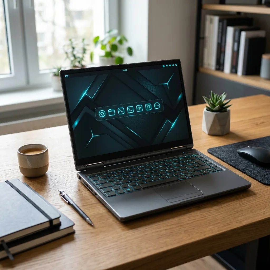 Laptop antigua funcionando con un sistema Linux ligero en un escritorio moderno