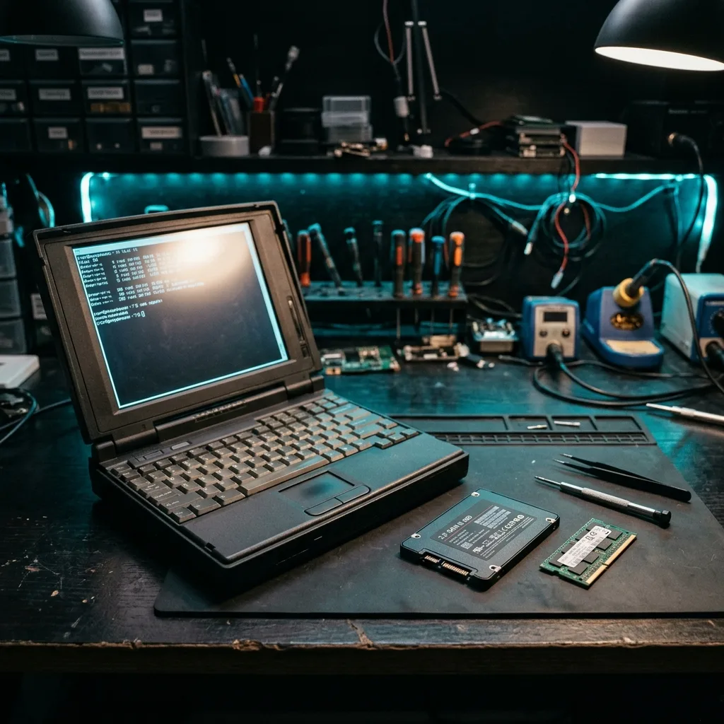 SSD y memoria RAM junto a una laptop antigua preparada para Linux