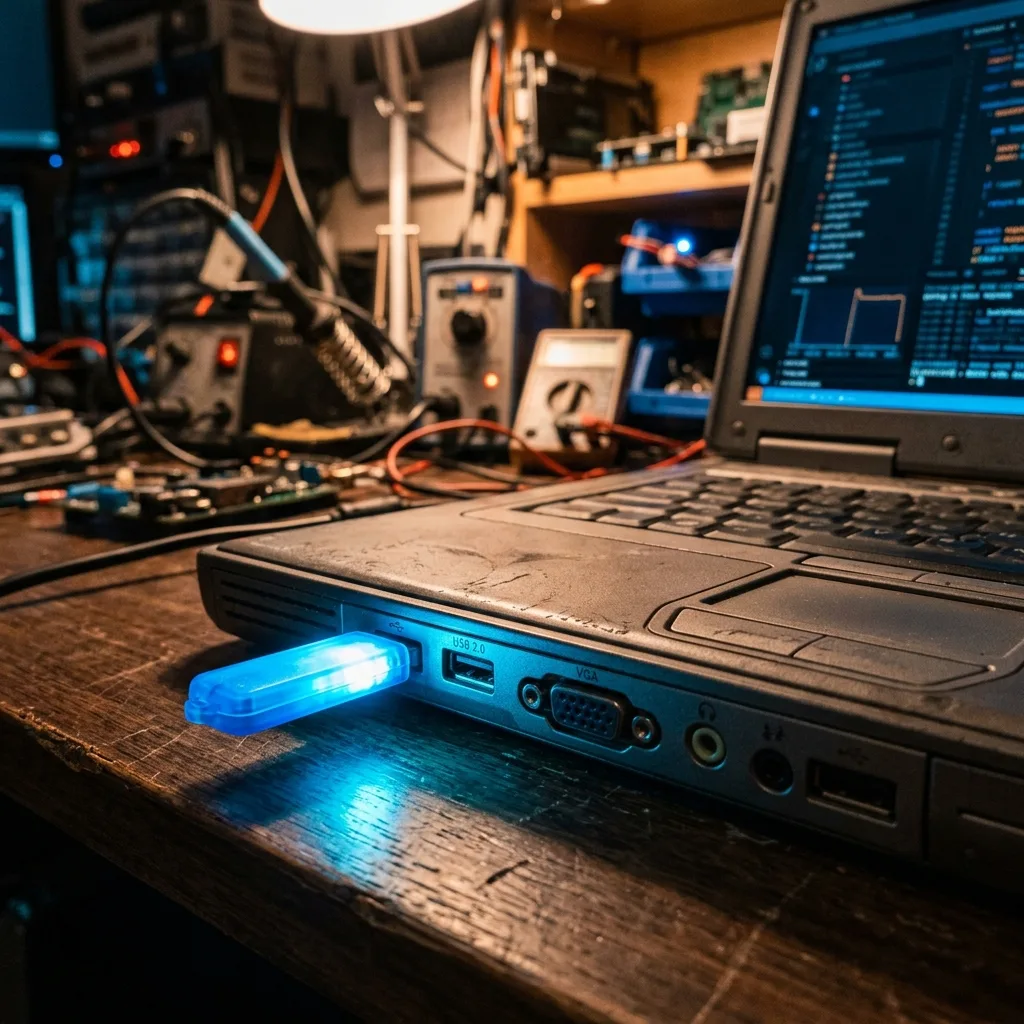USB booteable con Linux conectado a una PC vieja para probar antes de instalar
