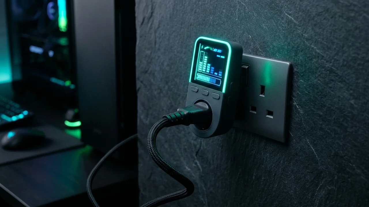 PC conectada a un medidor comercial de consumo eléctrico para medir watts desde la pared