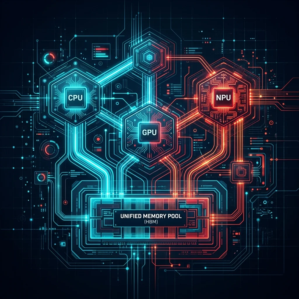 Arquitectura conceptual de memoria unificada conectando CPU, GPU y aceleradores de IA