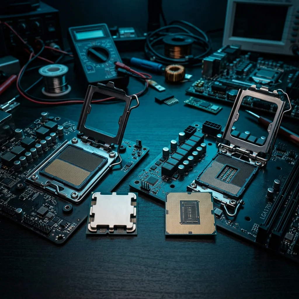 Comparación conceptual entre plataformas AMD AM5 e Intel LGA en una mesa de trabajo