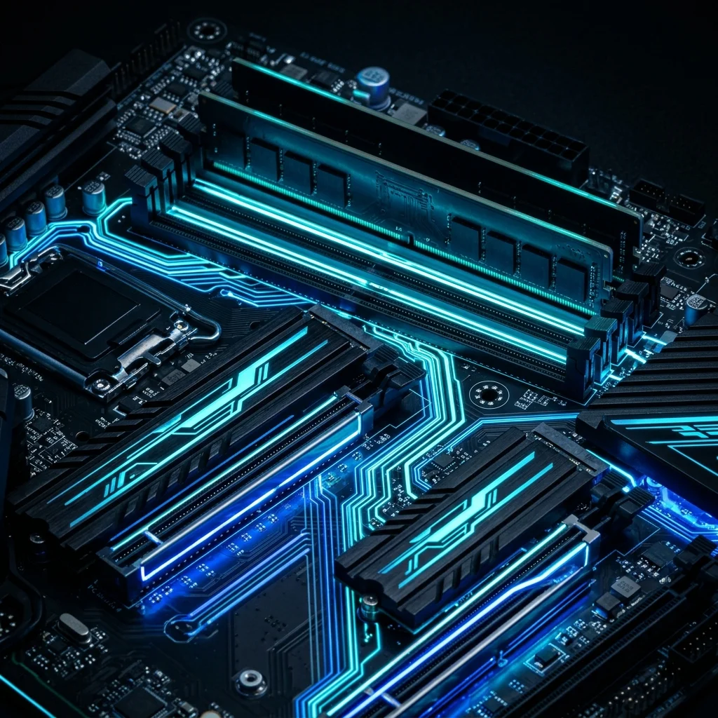Motherboard moderna mostrando ranuras DDR5 M.2 y PCIe destacadas