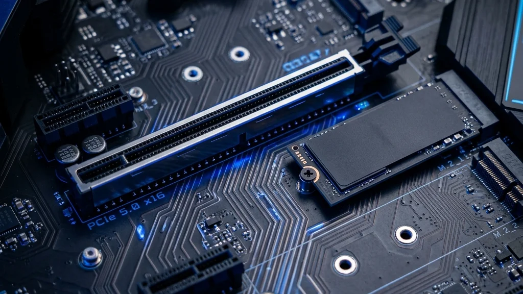 Motherboard moderna mostrando ranuras PCIe 5.0 M.2 y GPU con carriles compartidos