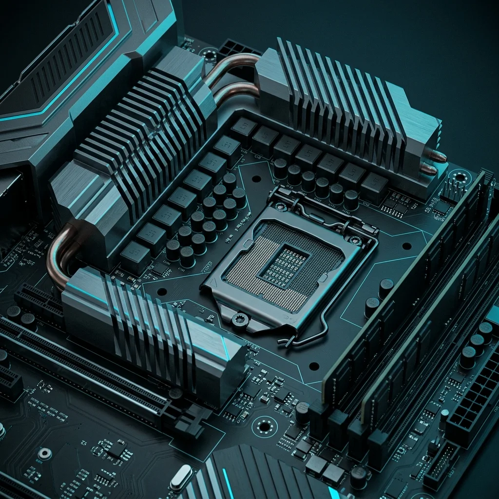 Zona VRM de una motherboard moderna con disipadores y CPU de alto rendimiento