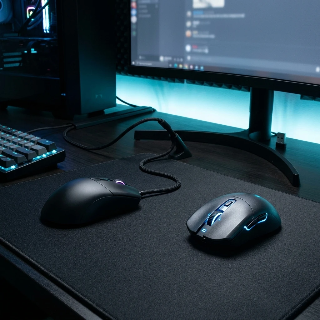 Mouse cableado e inalámbrico sobre un escritorio tecnológico moderno