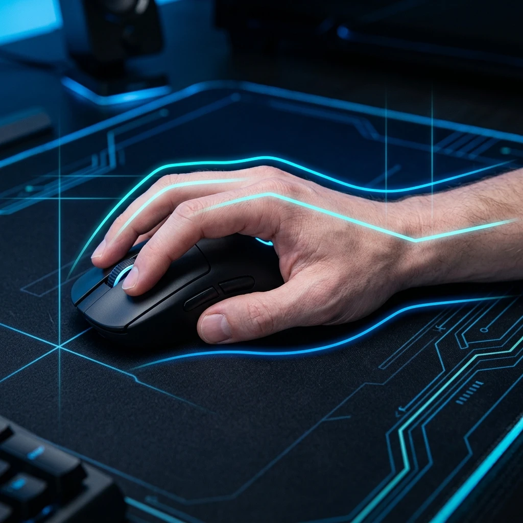 Mano usando un mouse ergonómico con distintos estilos de agarre representados