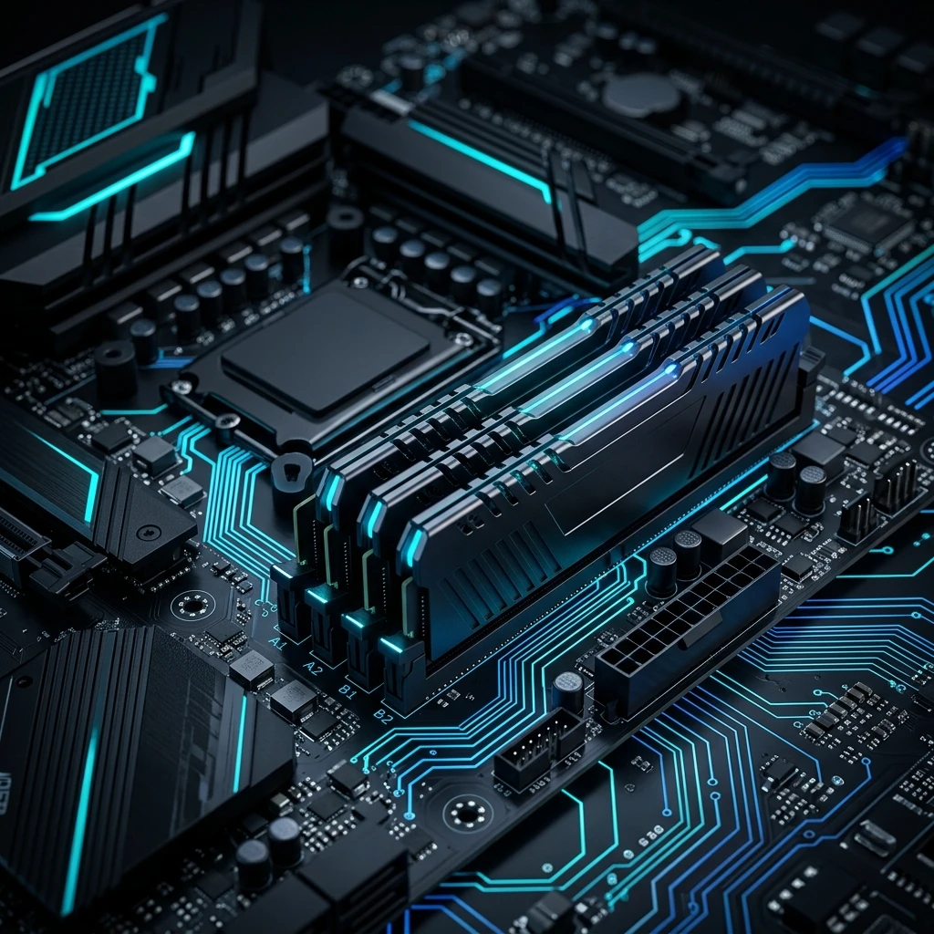 Módulos de memoria RAM moderna en una motherboard de alto rendimiento