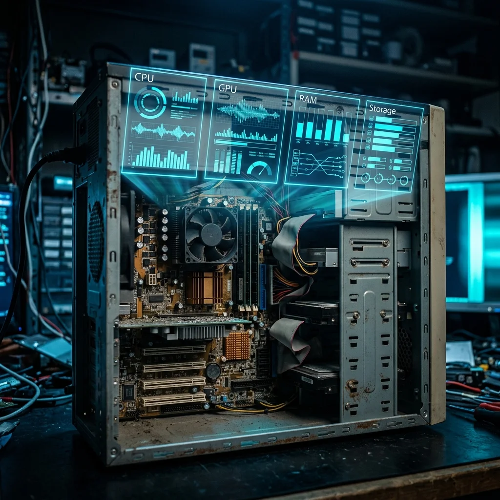 PC antigua abierta con métricas de rendimiento de CPU GPU RAM y SSD