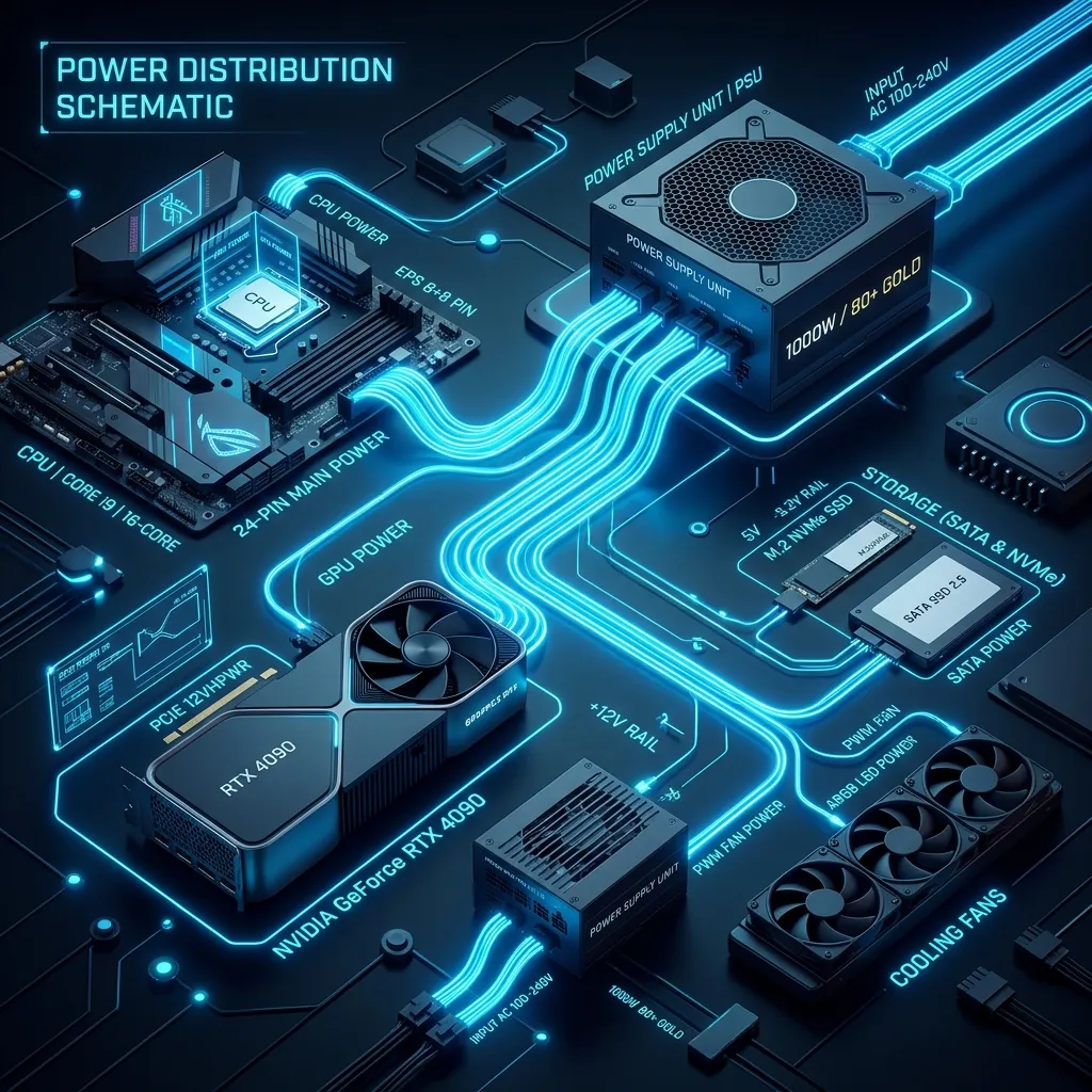 Fuente de poder distribuyendo energía entre CPU GPU discos y ventiladores