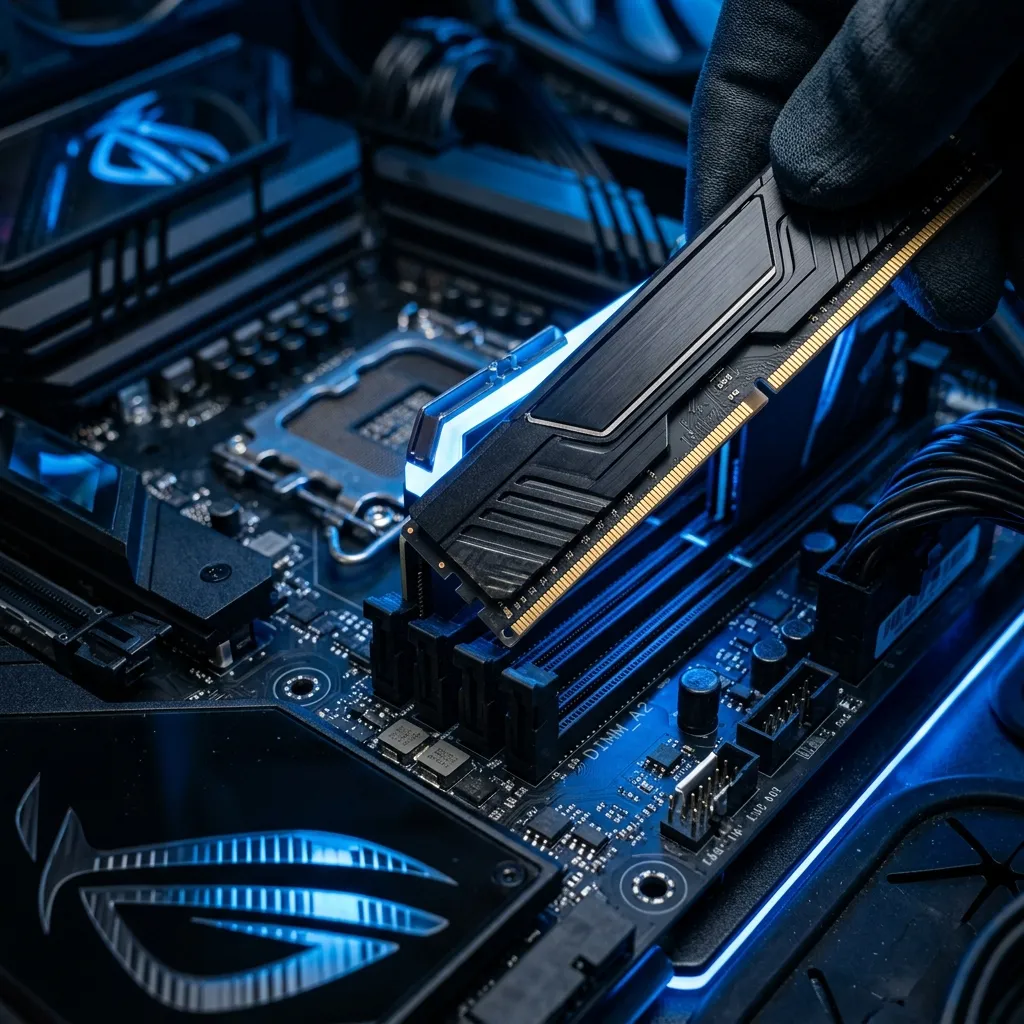 Memoria DDR5 instalada en una motherboard moderna para una PC nueva