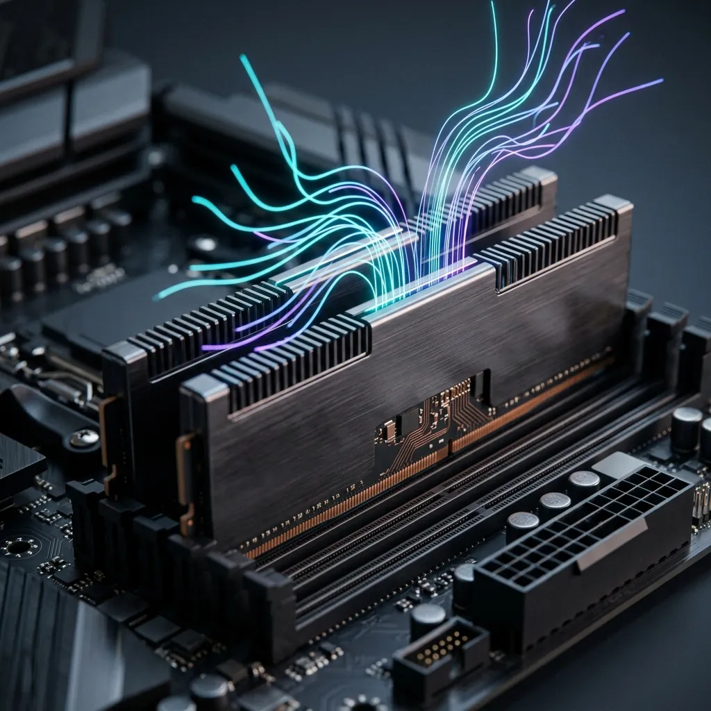 Módulos DDR5 con perfiles de memoria XMP y EXPO representados de forma conceptual