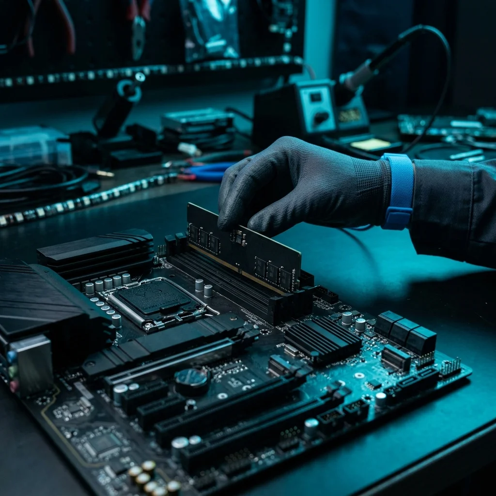 Usuario revisando módulos de memoria RAM durante diagnóstico de una PC sin imagen