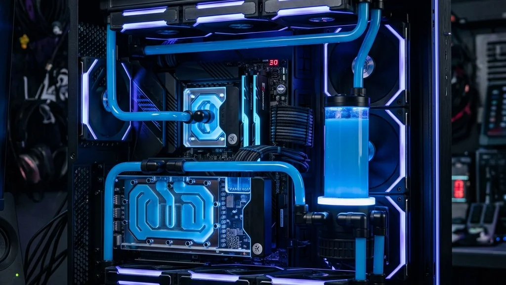 Sistema de refrigeración líquida custom con tubos y bloque de CPU en una PC premium