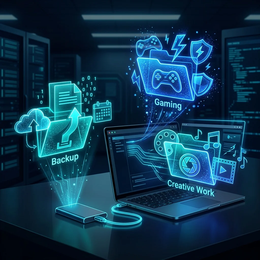 SSD externo conectado a una laptop con archivos de trabajo, juegos y copias de seguridad