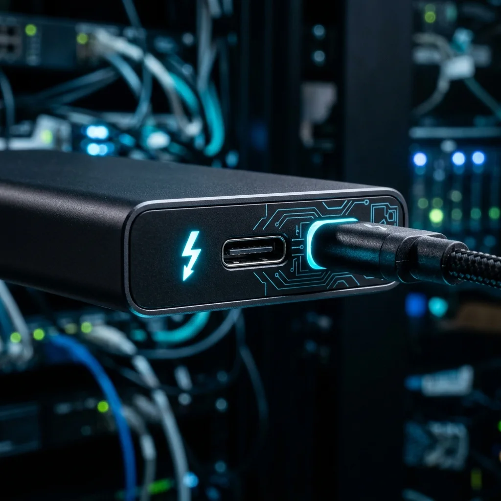 Conexiones USB-C y Thunderbolt representadas junto a un SSD externo moderno