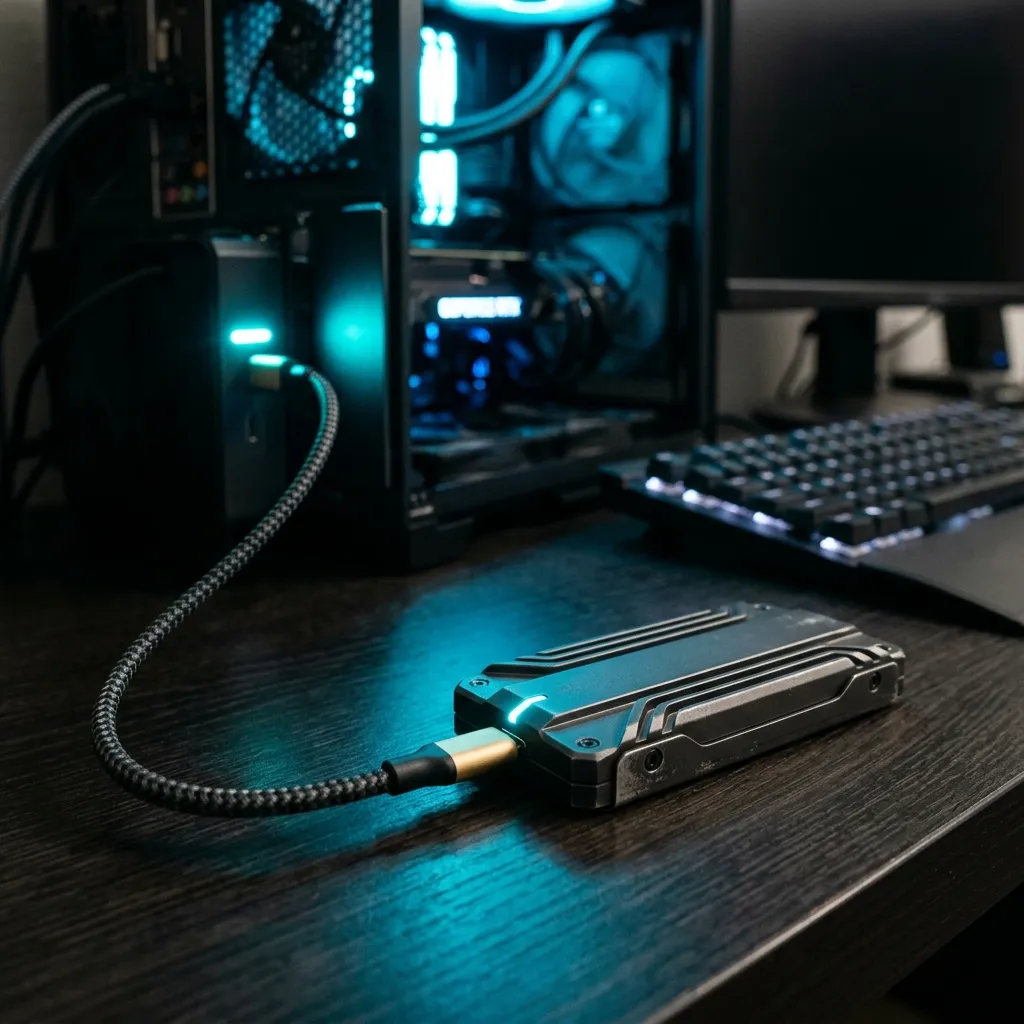 SSD externo conectado por USB mientras se realiza un backup preventivo