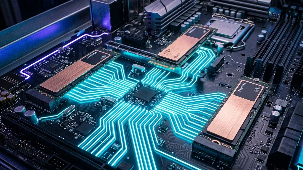 Representación conceptual de SSDs NVMe Gen3 Gen4 y Gen5 conectados a una motherboard