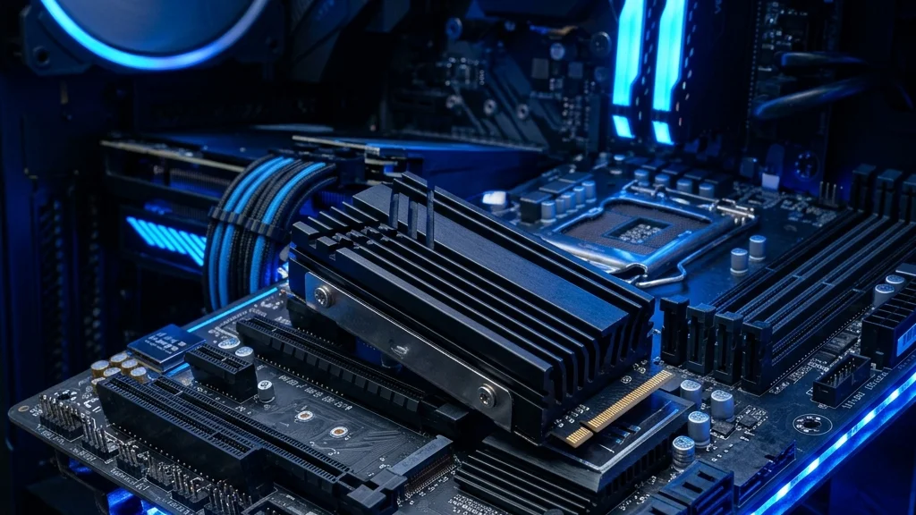 SSD NVMe Gen5 con disipador instalado en una motherboard moderna