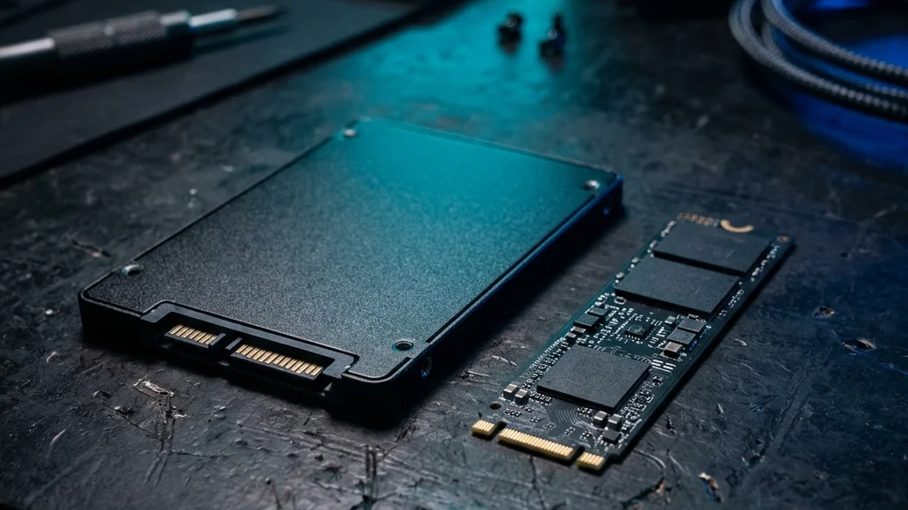 SSD SATA de 2.5 pulgadas y SSD NVMe M.2 comparados sobre una mesa de hardware
